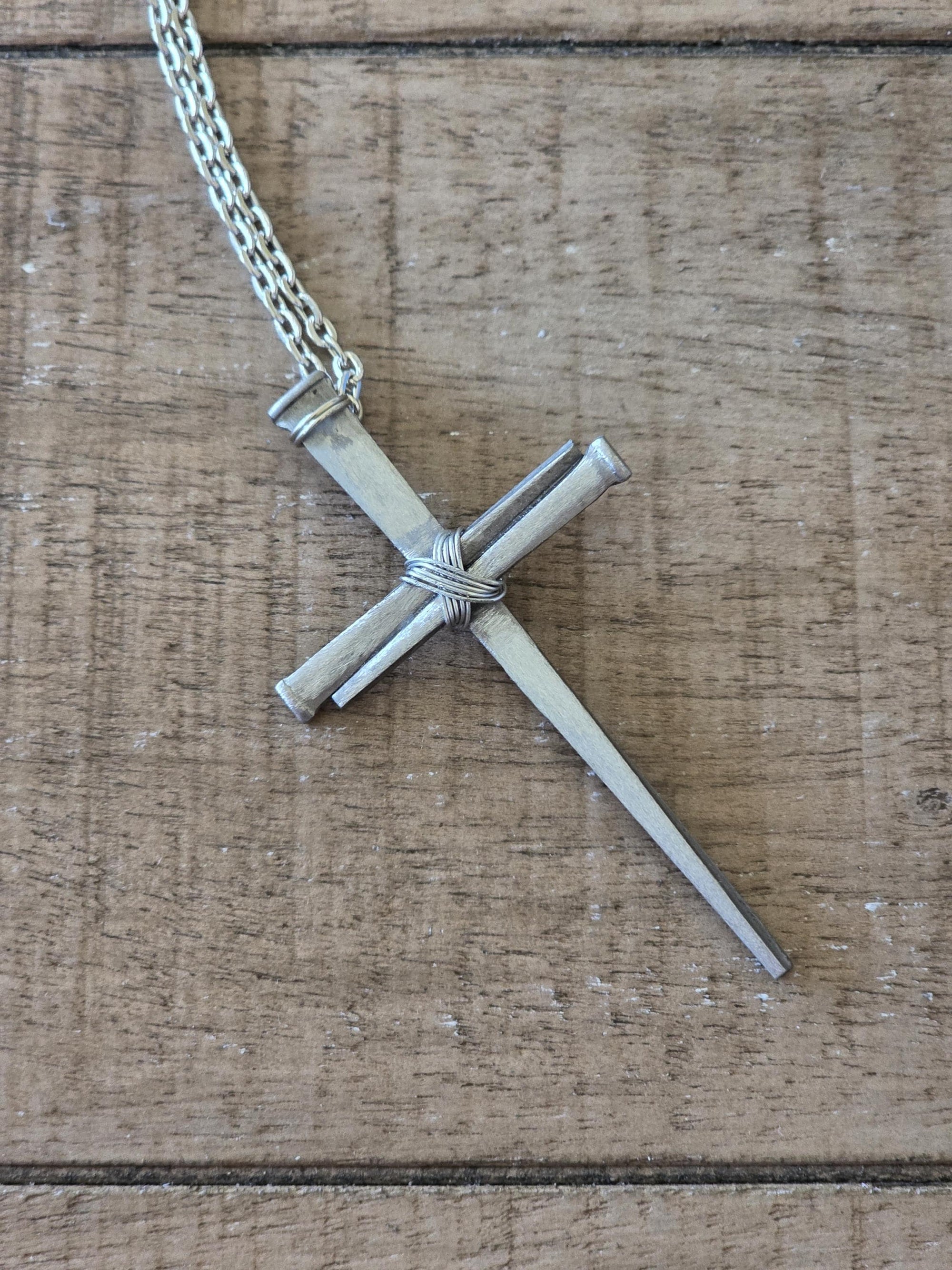 Large Fine Finished - Hand Forged 3 Nail - Handmade Cross Necklace